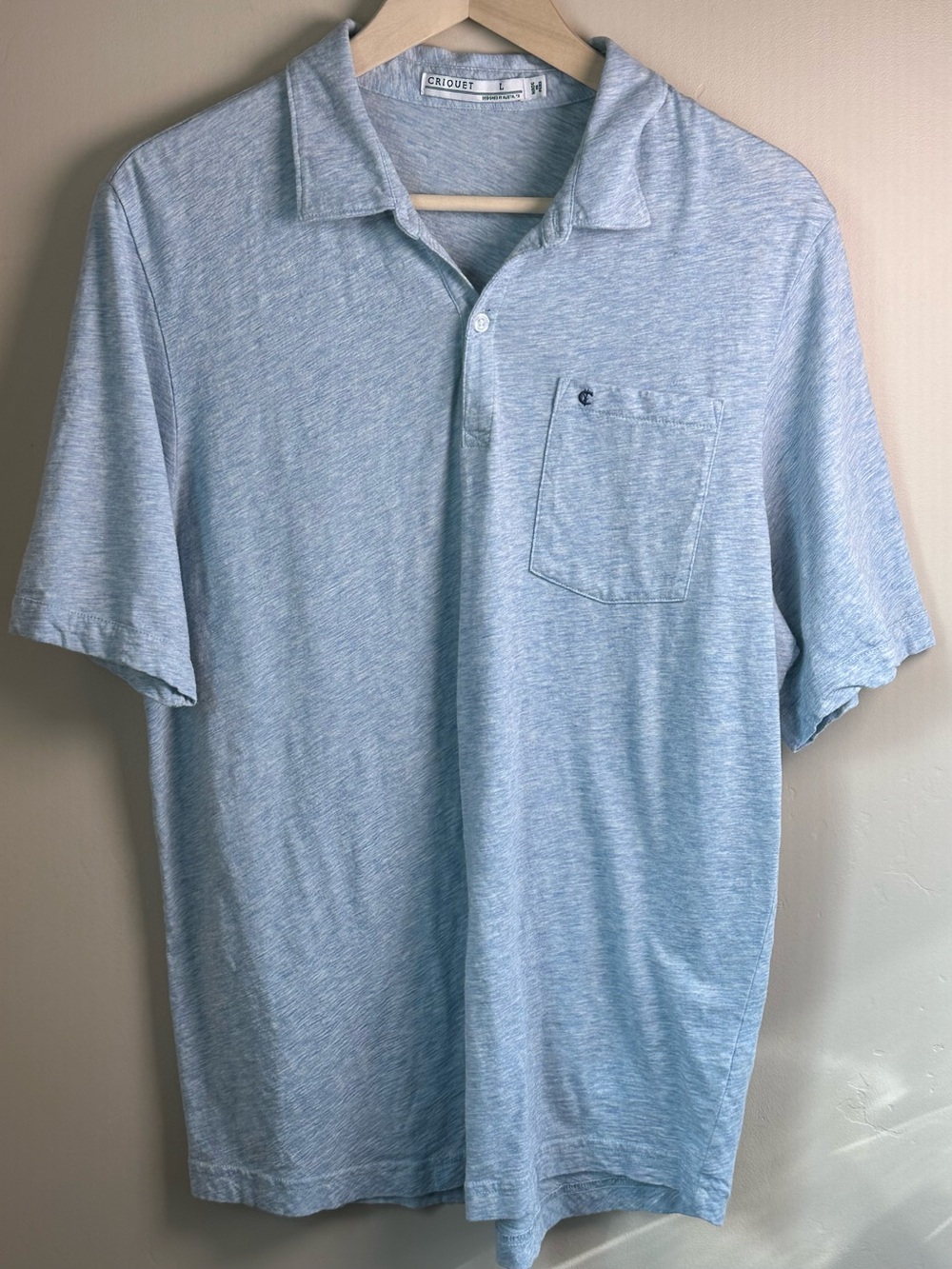 Criquet Men’s Medium Heather Sky Blue Preppy Polo with Embroidered Logo P2P 21